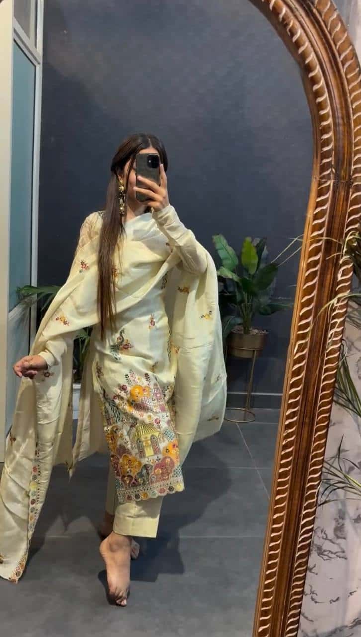 Chinnon silk hand embroidered kurta pant sets