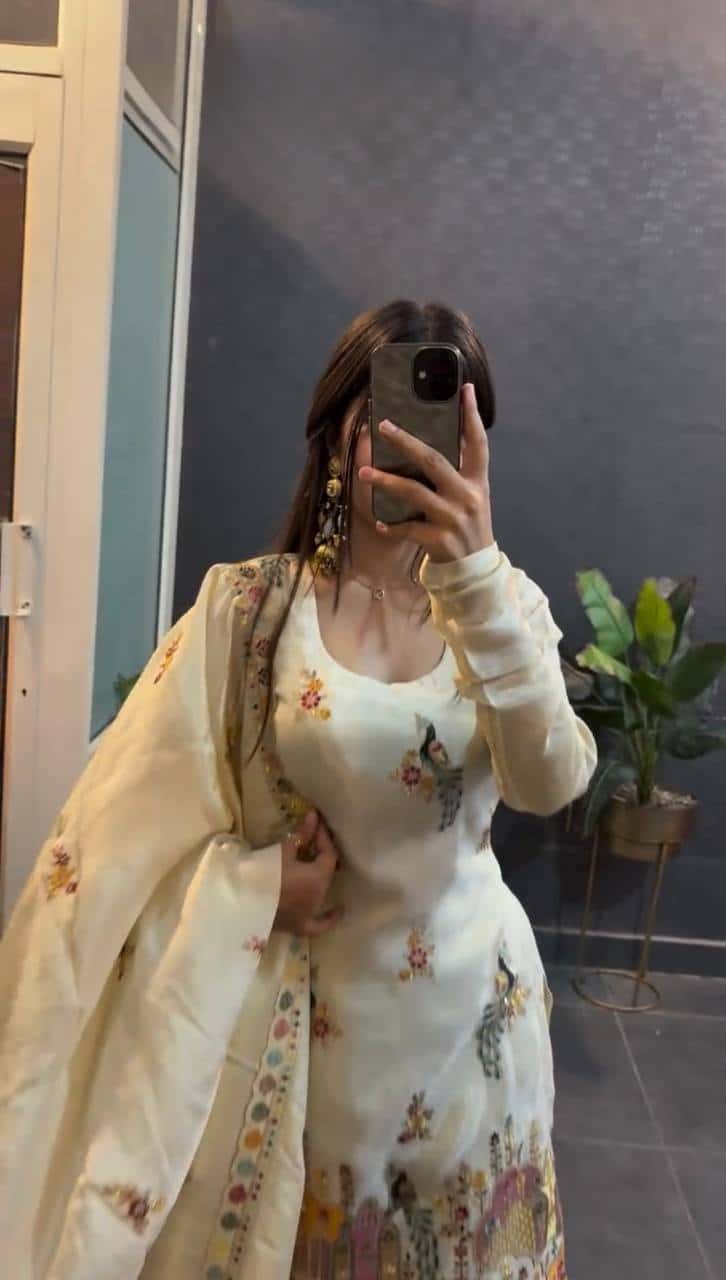 Chinnon silk hand embroidered kurta pant sets