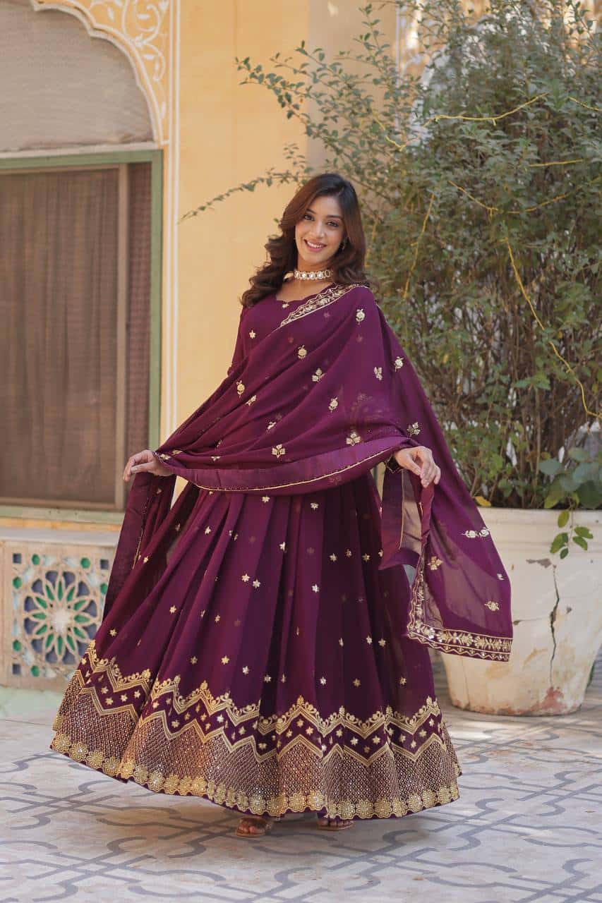 New Designer Party Wear Look Full Heavy Embroidery Sequence Work Gown With Fully Stitched and Dupatta Ready to Wear Collection