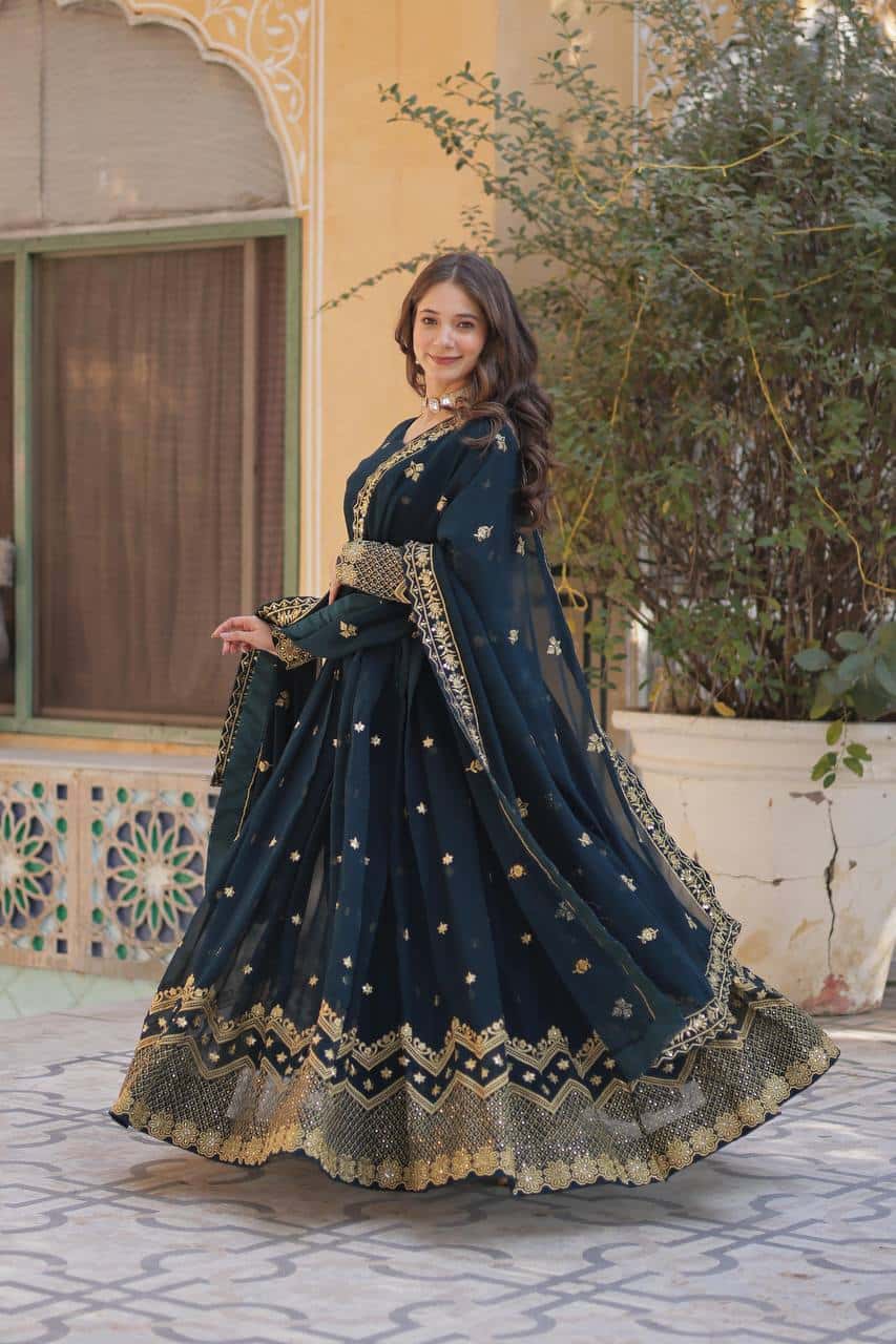 New Designer Party Wear Look Full Heavy Embroidery Sequence Work Gown With Fully Stitched and Dupatta Ready to Wear Collection