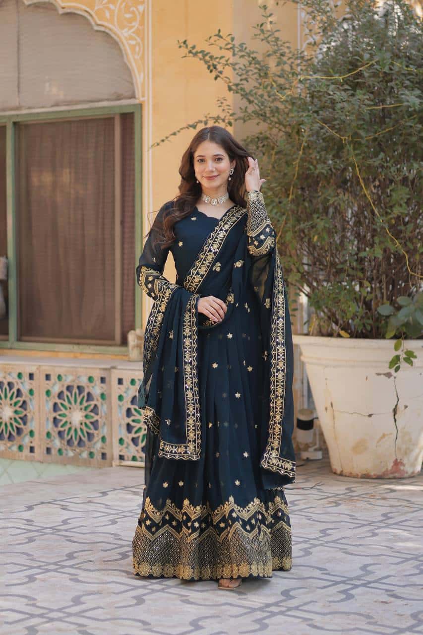 New Designer Party Wear Look Full Heavy Embroidery Sequence Work Gown With Fully Stitched and Dupatta Ready to Wear Collection