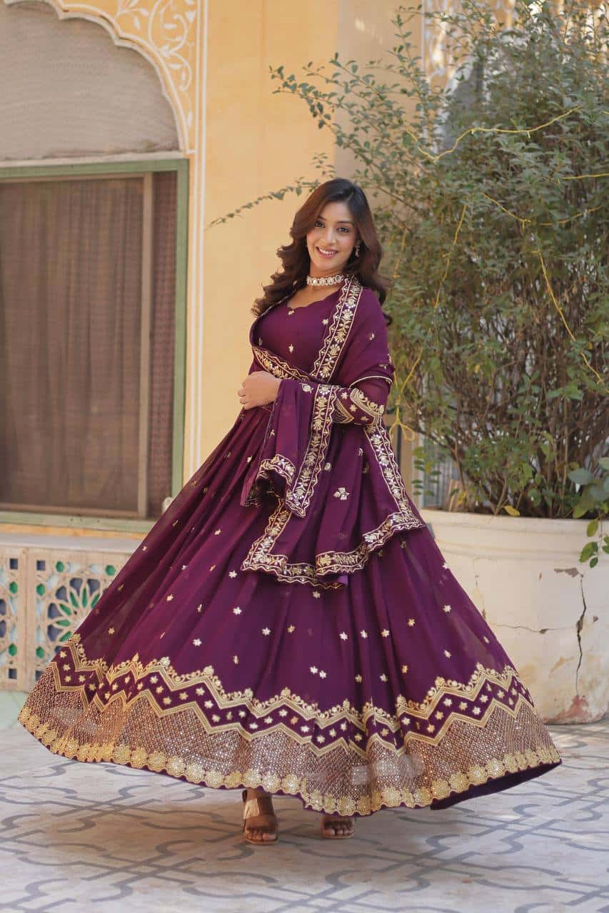 New Designer Party Wear Look Full Heavy Embroidery Sequence Work Gown With Fully Stitched and Dupatta Ready to Wear Collection