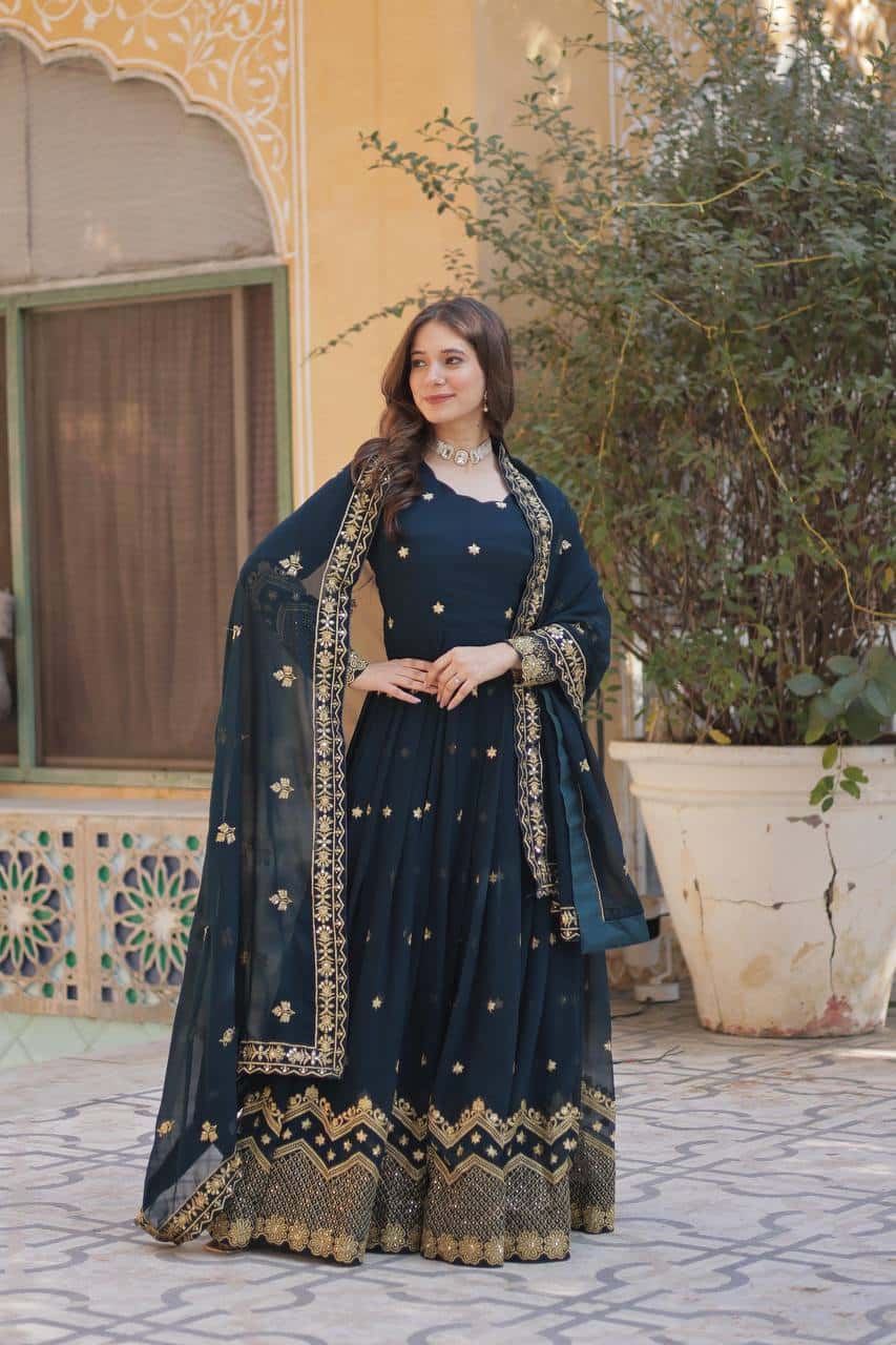 New Designer Party Wear Look Full Heavy Embroidery Sequence Work Gown With Fully Stitched and Dupatta Ready to Wear Collection