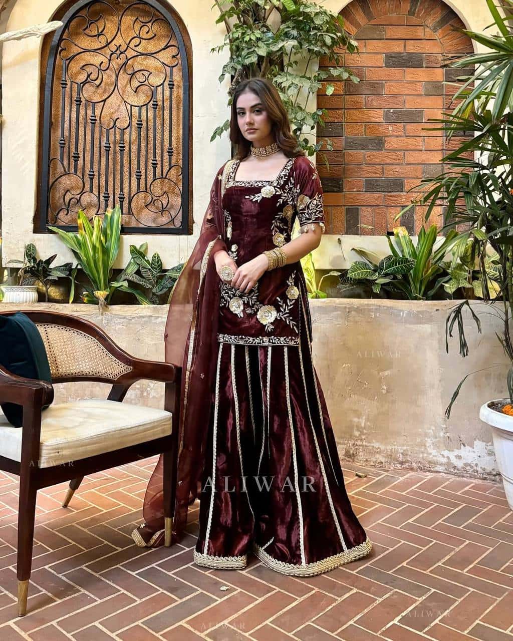 Viscose velvet hand embroidered kurta sharara with dupatta sets