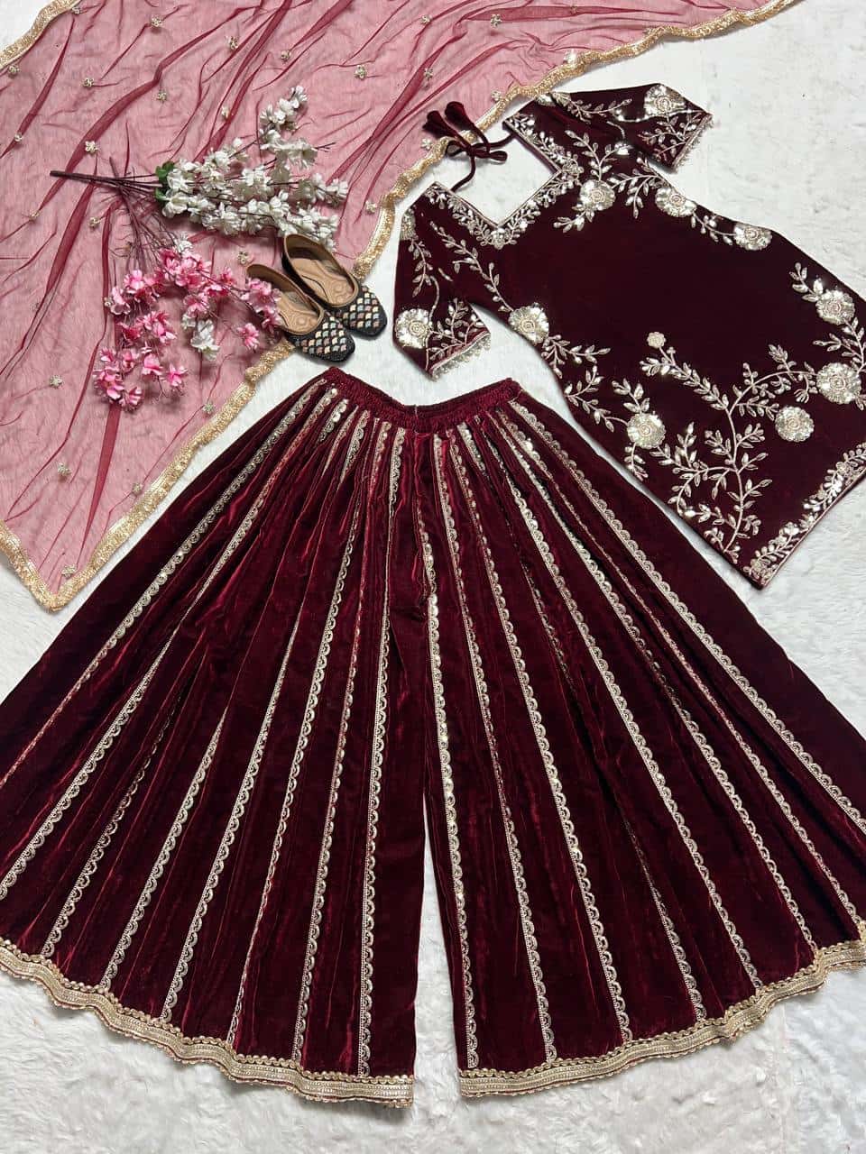 Viscose velvet hand embroidered kurta sharara with dupatta sets
