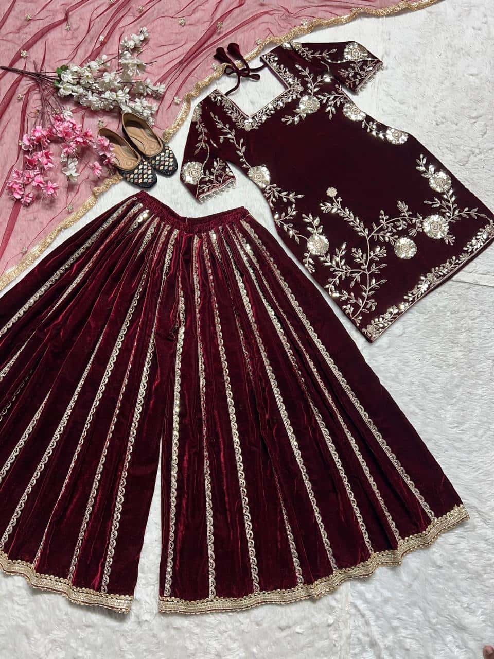 Viscose velvet hand embroidered kurta sharara with dupatta sets