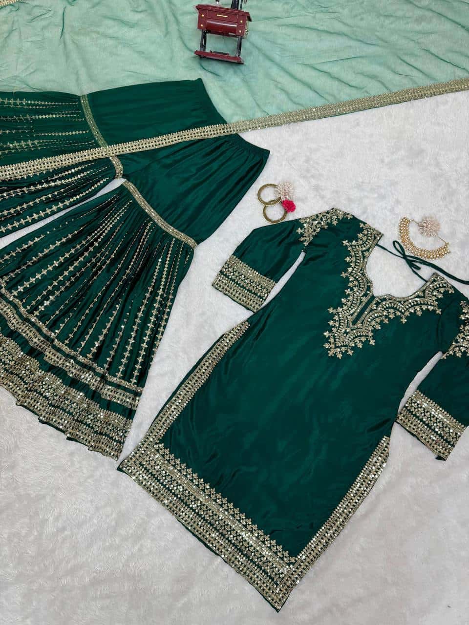 Heavy embroidered chinnon silk kurta sharara with net dupatta sets