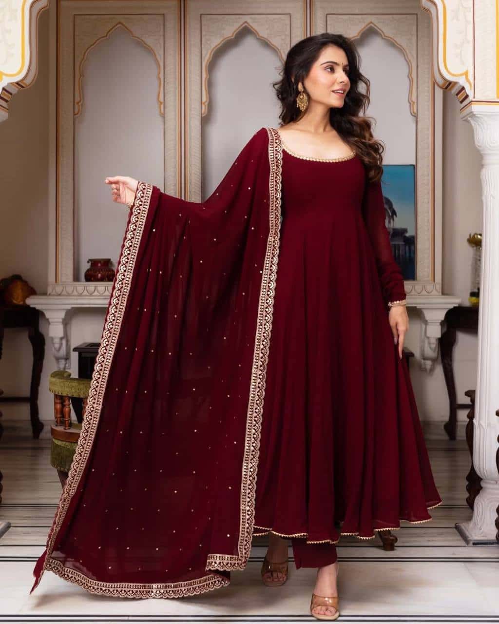 Faux georgette full flared gown pant with dupatta sets