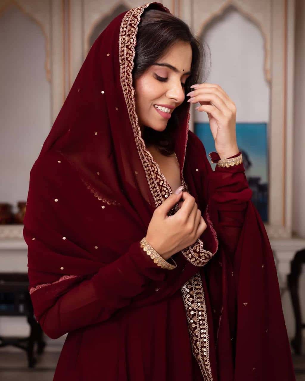 Faux georgette full flared gown pant with dupatta sets