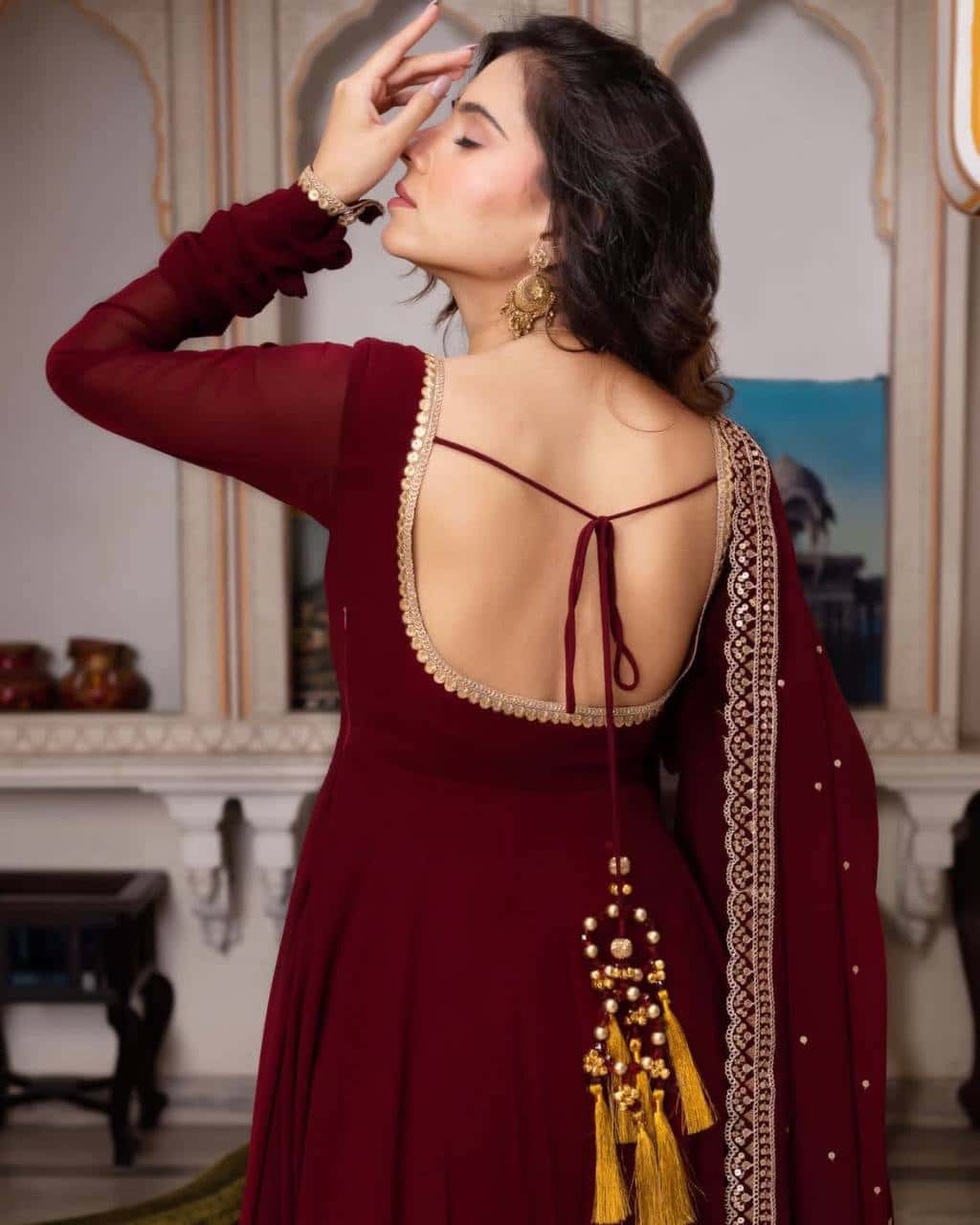 Faux georgette full flared gown pant with dupatta sets