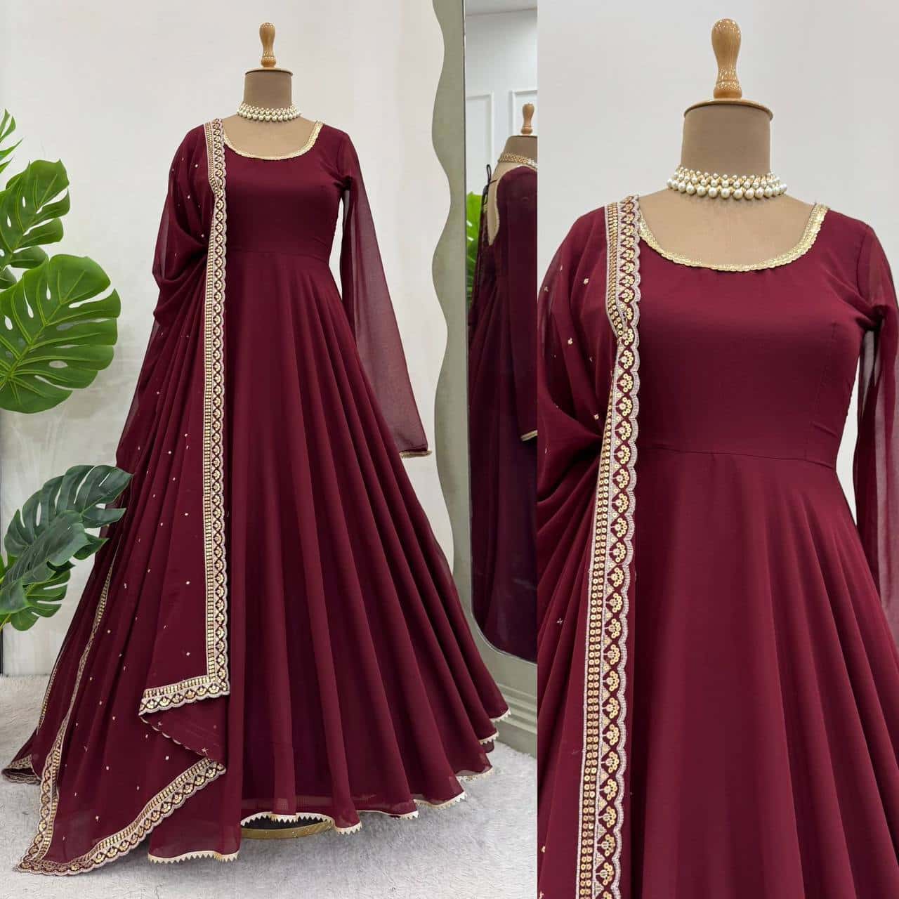 Faux georgette full flared gown pant with dupatta sets