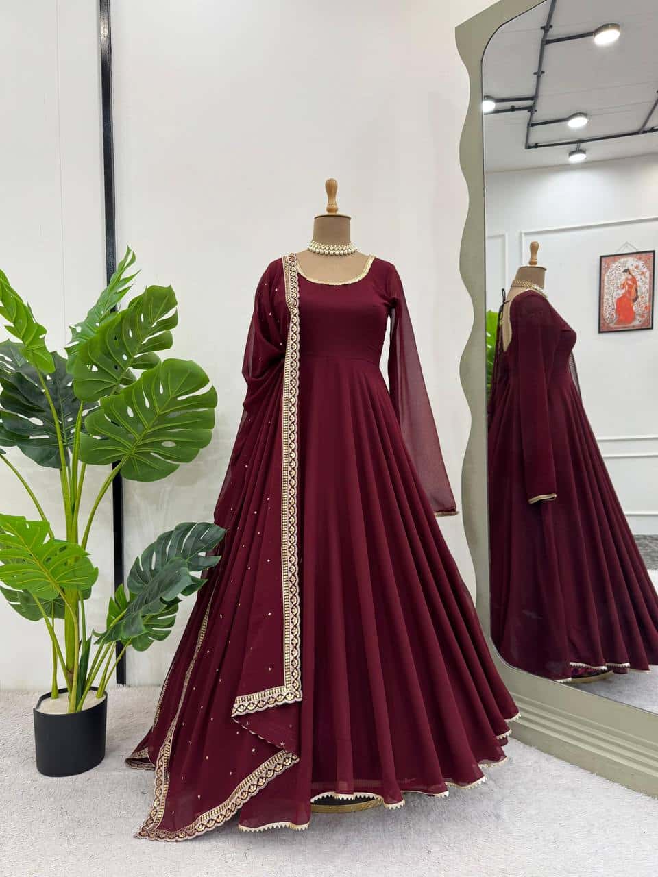 Faux georgette full flared gown pant with dupatta sets