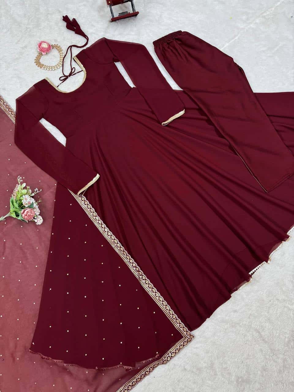 Faux georgette full flared gown pant with dupatta sets
