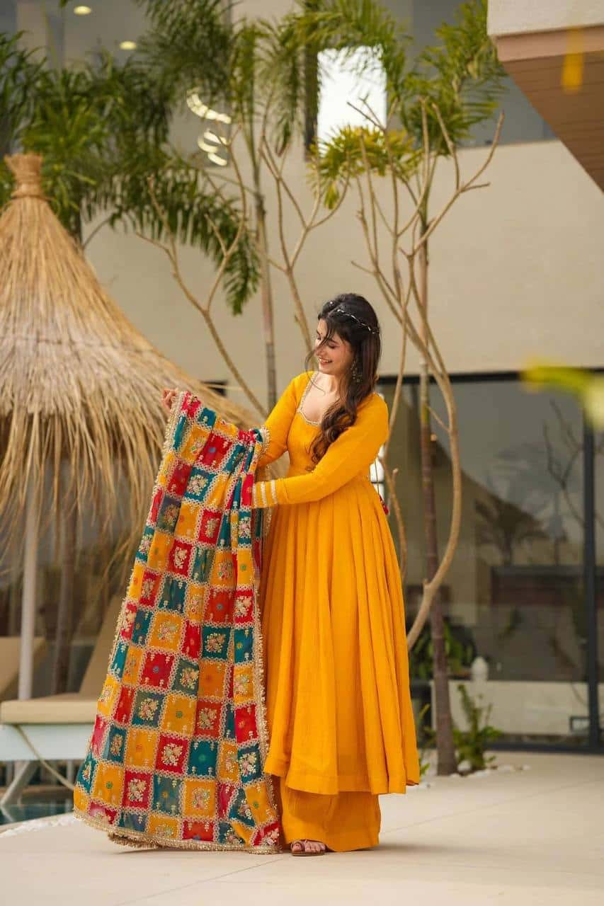 Women's designer chinnon silk gown palazzo with georgette digital print dupatta sets