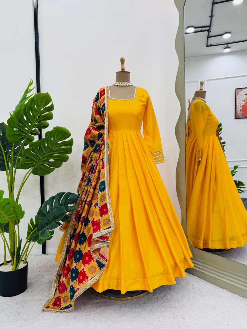 Women's designer chinnon silk gown palazzo with georgette digital print dupatta sets