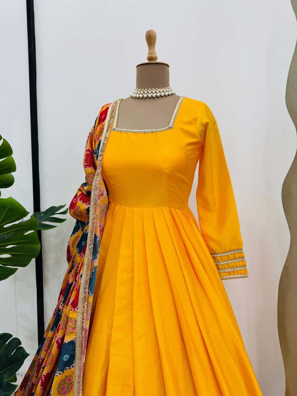 Women's designer chinnon silk gown palazzo with georgette digital print dupatta sets