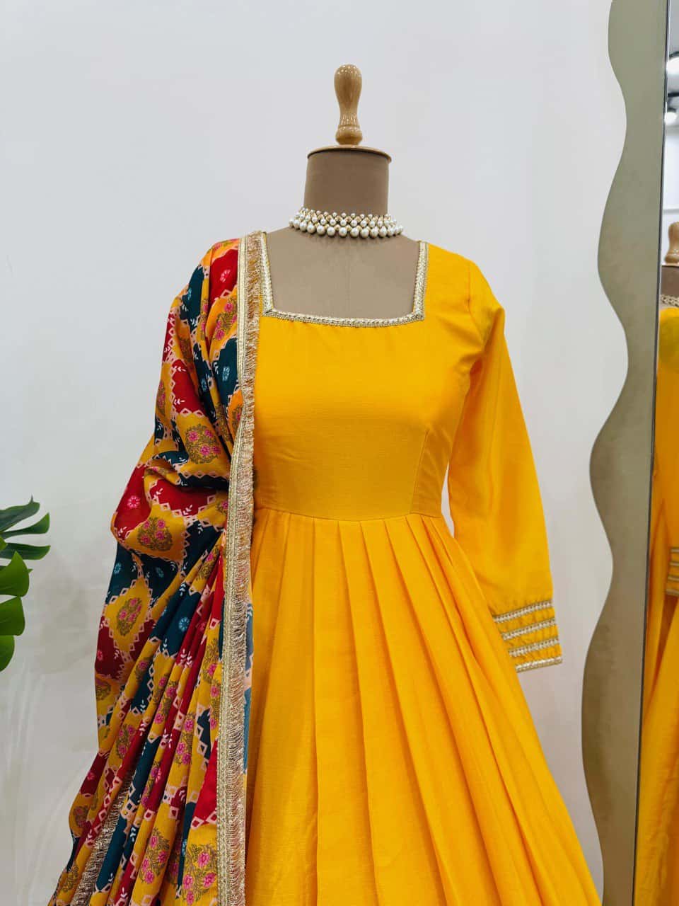 Women's designer chinnon silk gown palazzo with georgette digital print dupatta sets
