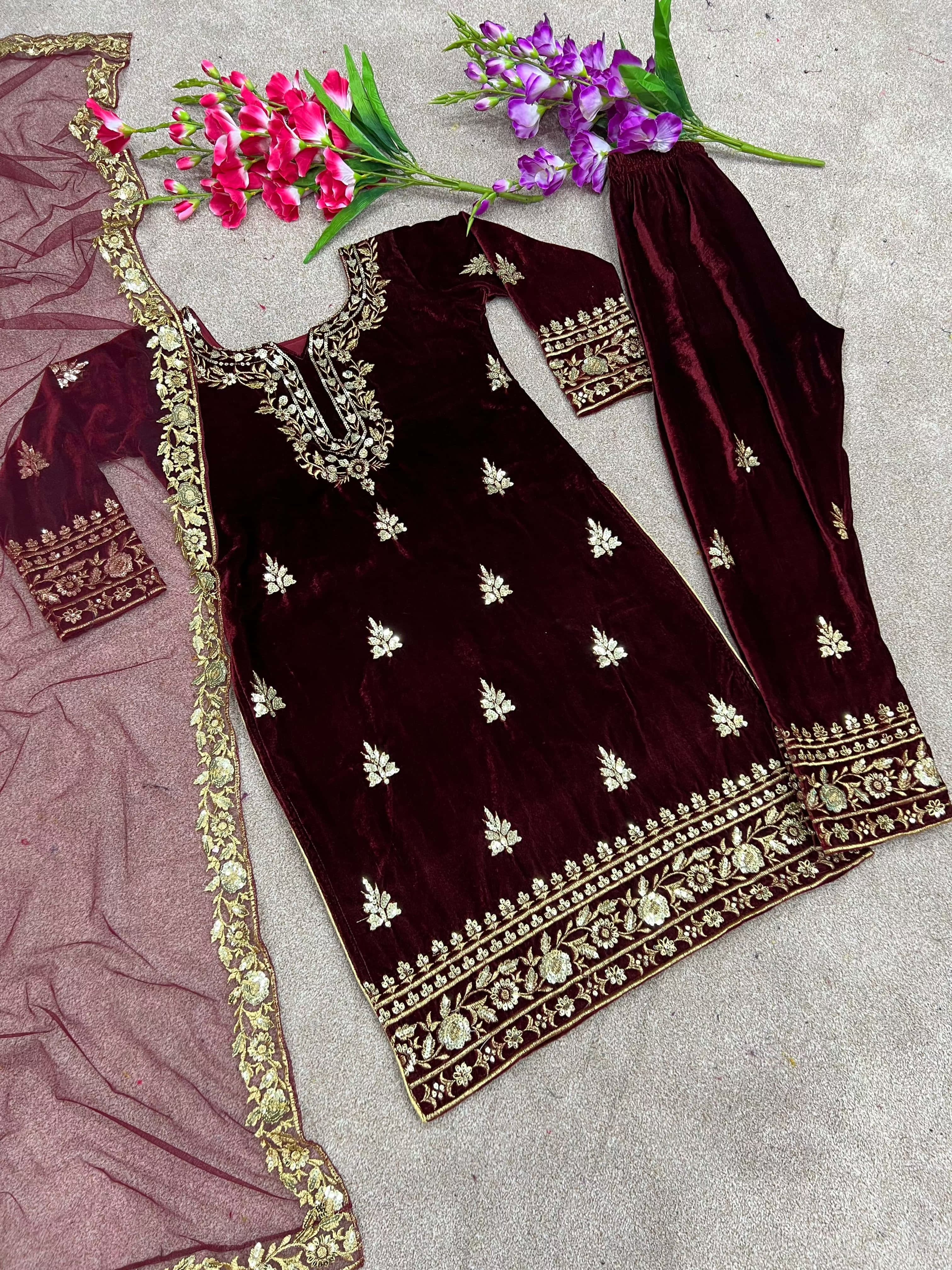 Pakistani Designer Viscose Velvet embroidery sequence work Kurta Pant with Dupatta