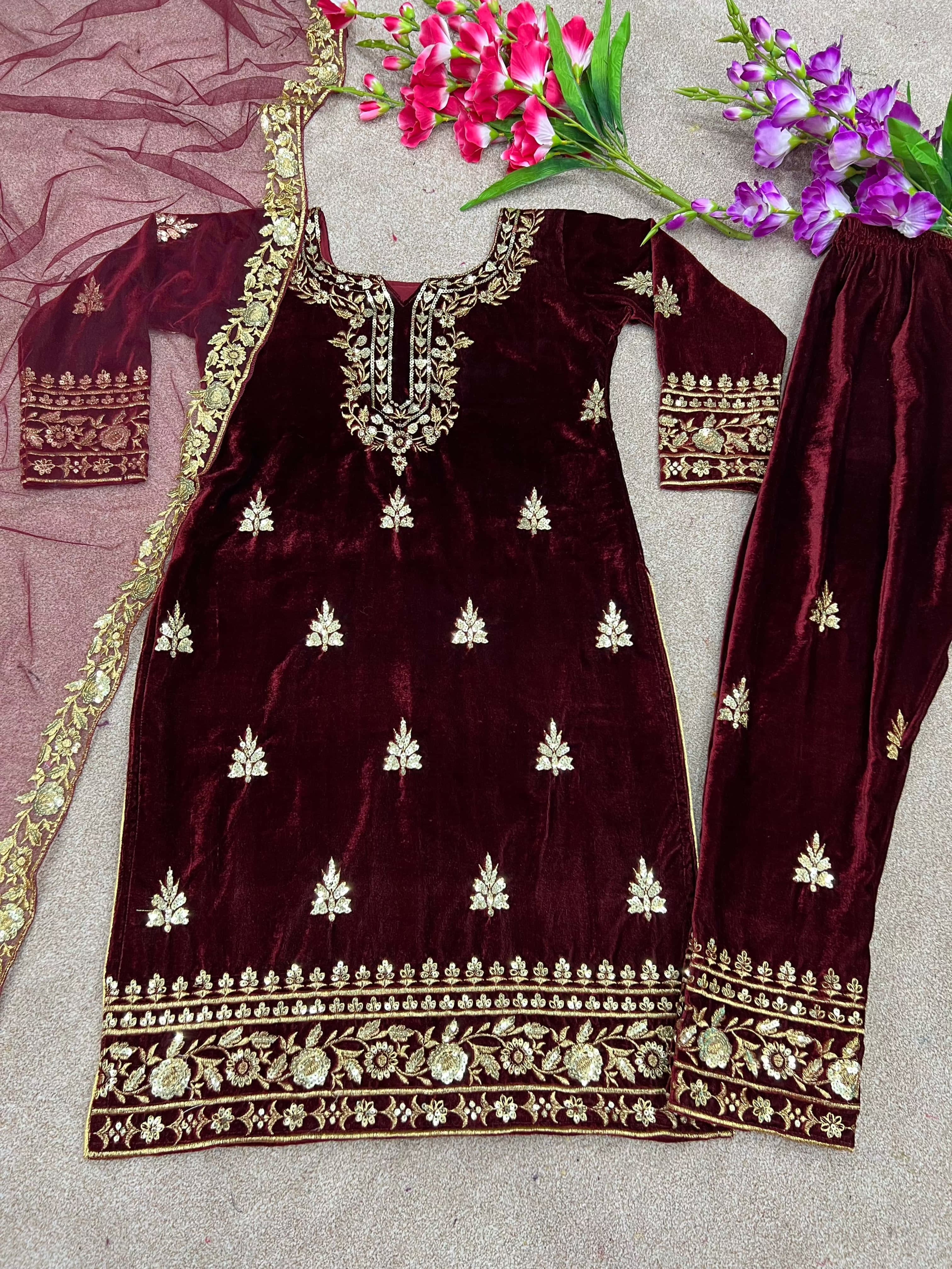 Pakistani Designer Viscose Velvet embroidery sequence work Kurta Pant with Dupatta