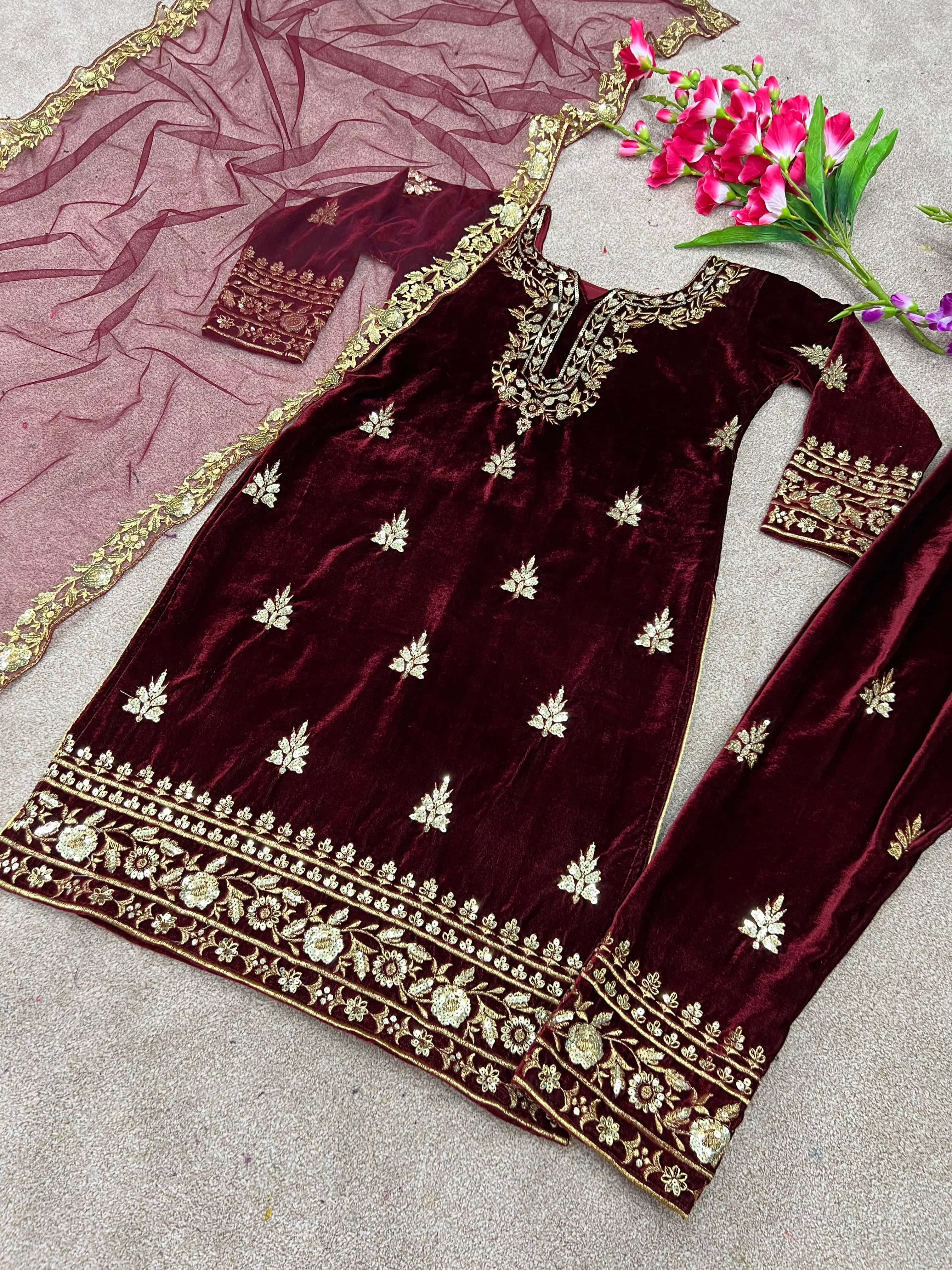 Pakistani Designer Viscose Velvet embroidery sequence work Kurta Pant with Dupatta