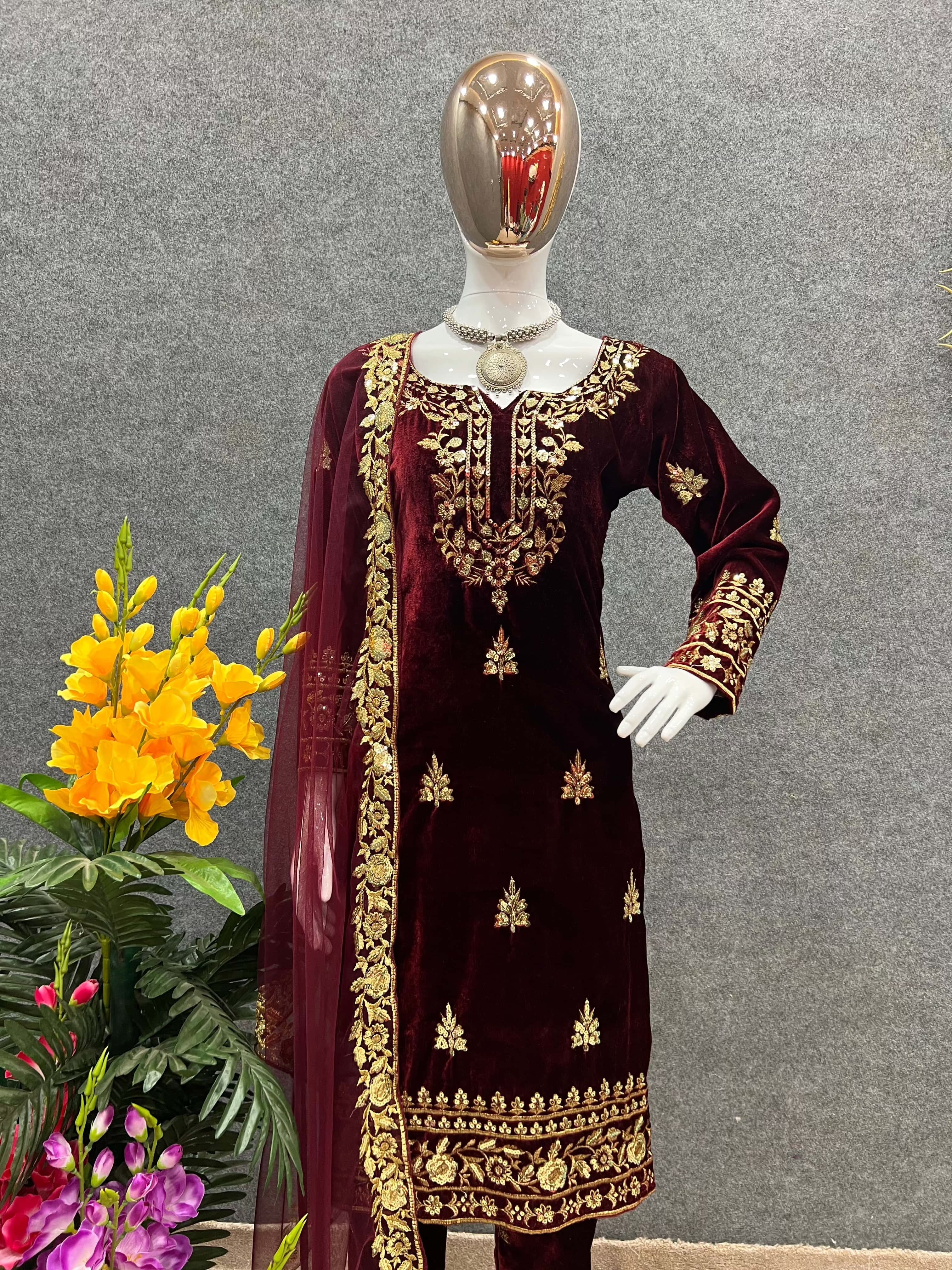 Pakistani Designer Viscose Velvet embroidery sequence work Kurta Pant with Dupatta