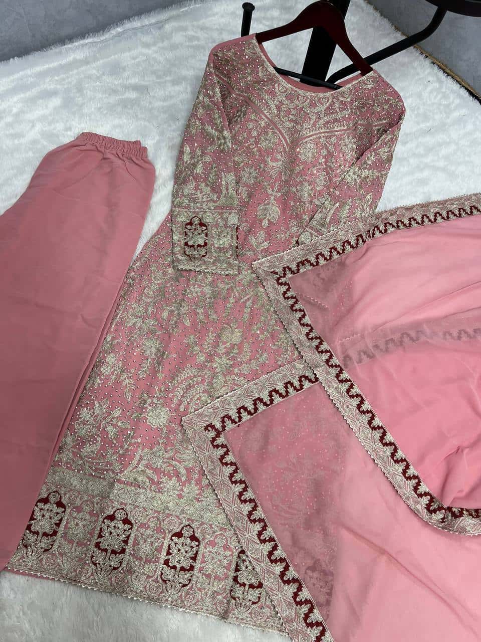 Presenting New Collection In Heavy Georgette Top-Plazzo And Dupatta Set Fully Stitched Ready To Wear