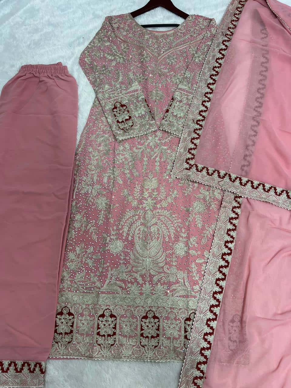Presenting New Collection In Heavy Georgette Top-Plazzo And Dupatta Set Fully Stitched Ready To Wear