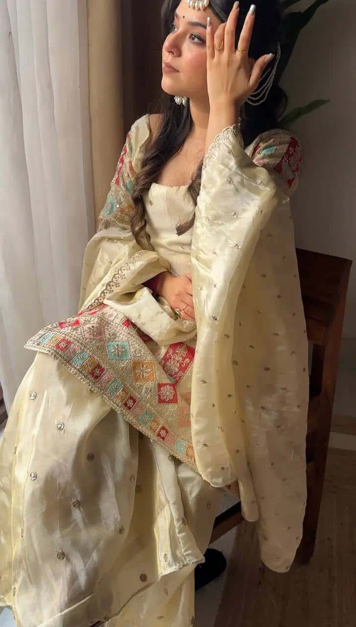Presenting New Heavy Embroidery Sequence Work Top-Gharara And Dupatta Set Fully Stitched Ready To Wear Collection