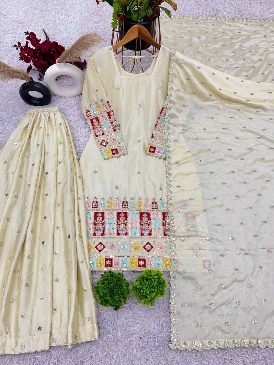 Presenting New Heavy Embroidery Sequence Work Top-Gharara And Dupatta Set Fully Stitched Ready To Wear Collection