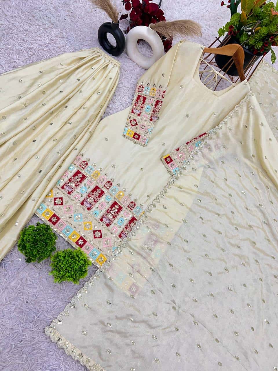 Presenting New Heavy Embroidery Sequence Work Top-Gharara And Dupatta Set Fully Stitched Ready To Wear Collection