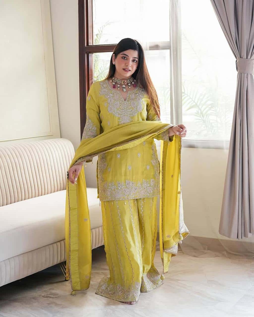 New Heavy Embroidery Sequence Work Top-Gharara And Dupatta Set Fully Stitched Ready To Wear Collection