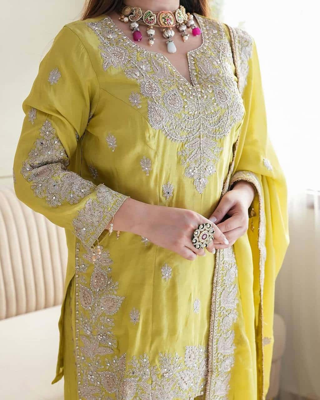 New Heavy Embroidery Sequence Work Top-Gharara And Dupatta Set Fully Stitched Ready To Wear Collection