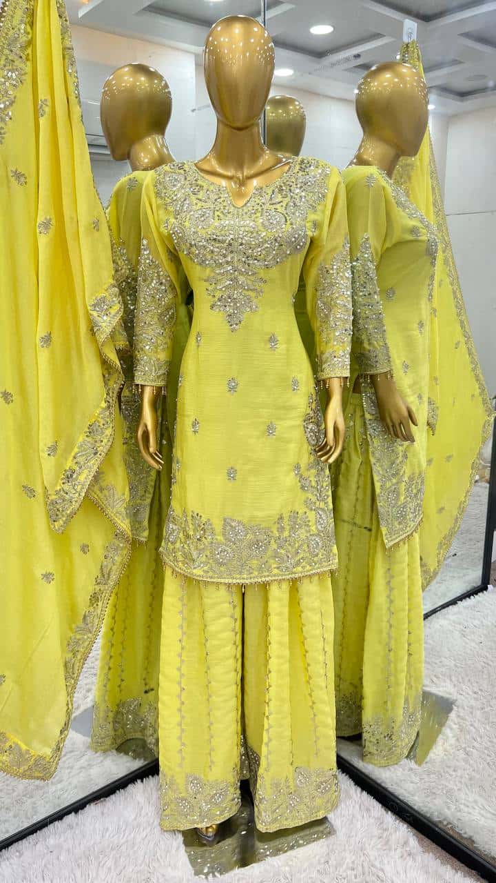 New Heavy Embroidery Sequence Work Top-Gharara And Dupatta Set Fully Stitched Ready To Wear Collection