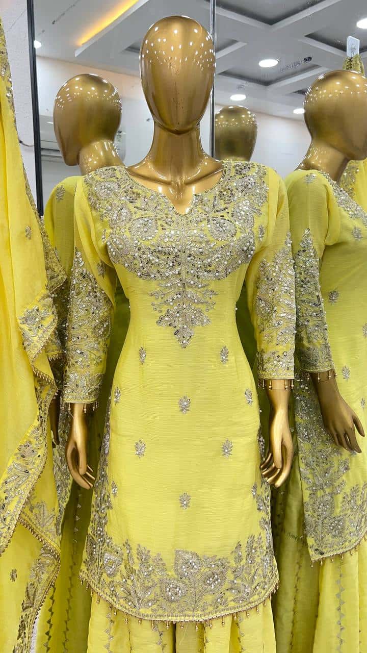 New Heavy Embroidery Sequence Work Top-Gharara And Dupatta Set Fully Stitched Ready To Wear Collection