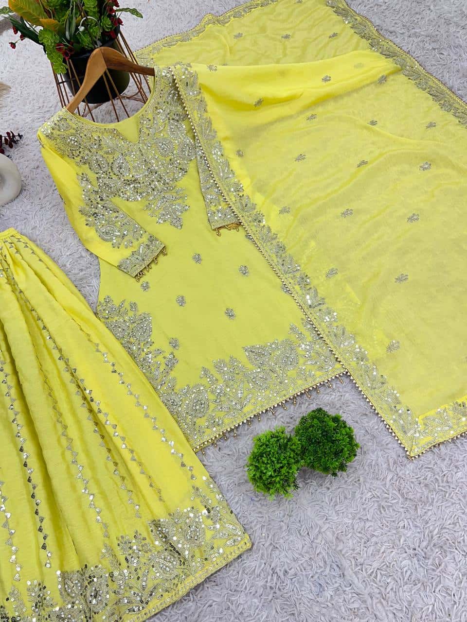 New Heavy Embroidery Sequence Work Top-Gharara And Dupatta Set Fully Stitched Ready To Wear Collection