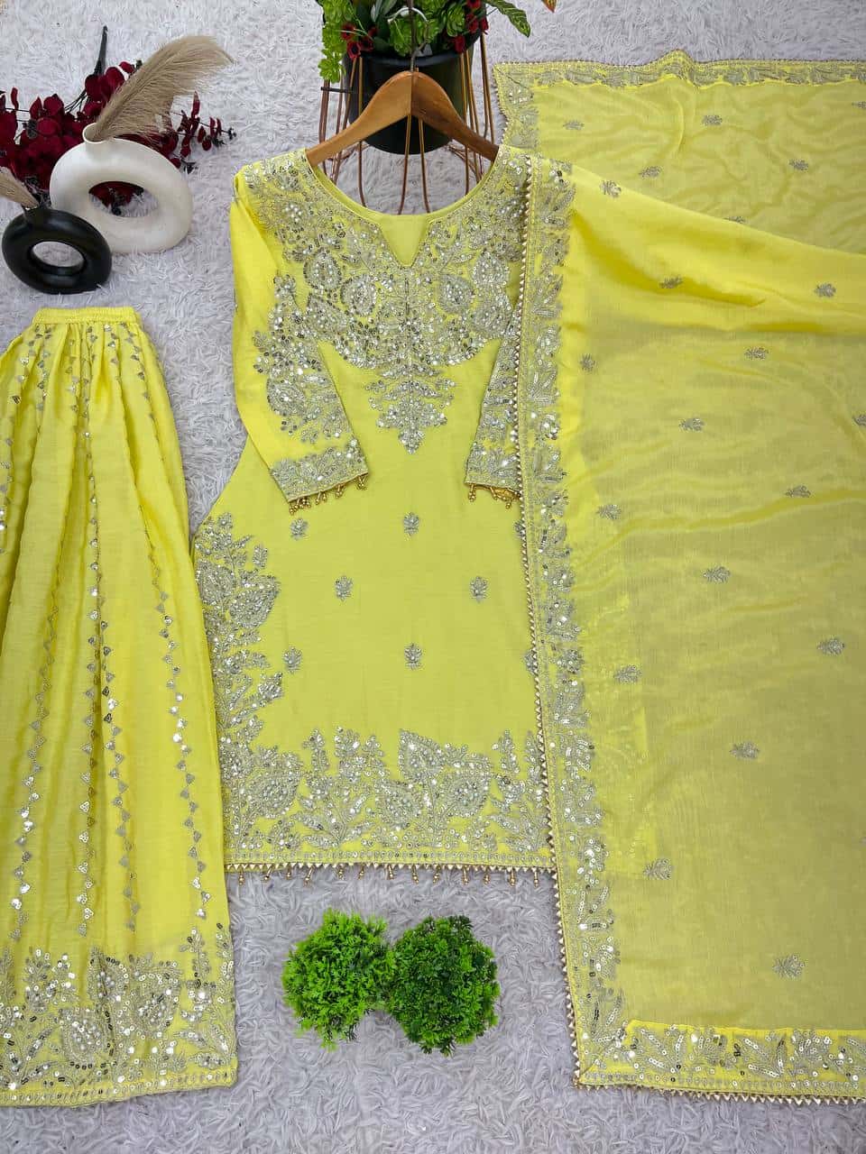 New Heavy Embroidery Sequence Work Top-Gharara And Dupatta Set Fully Stitched Ready To Wear Collection