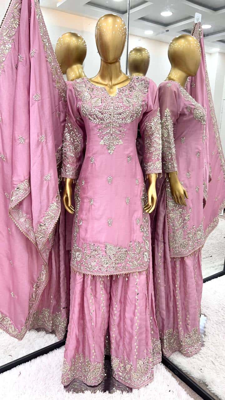 New Heavy Embroidery Sequence Work Top-Gharara And Dupatta Set Fully Stitched Ready To Wear Collection