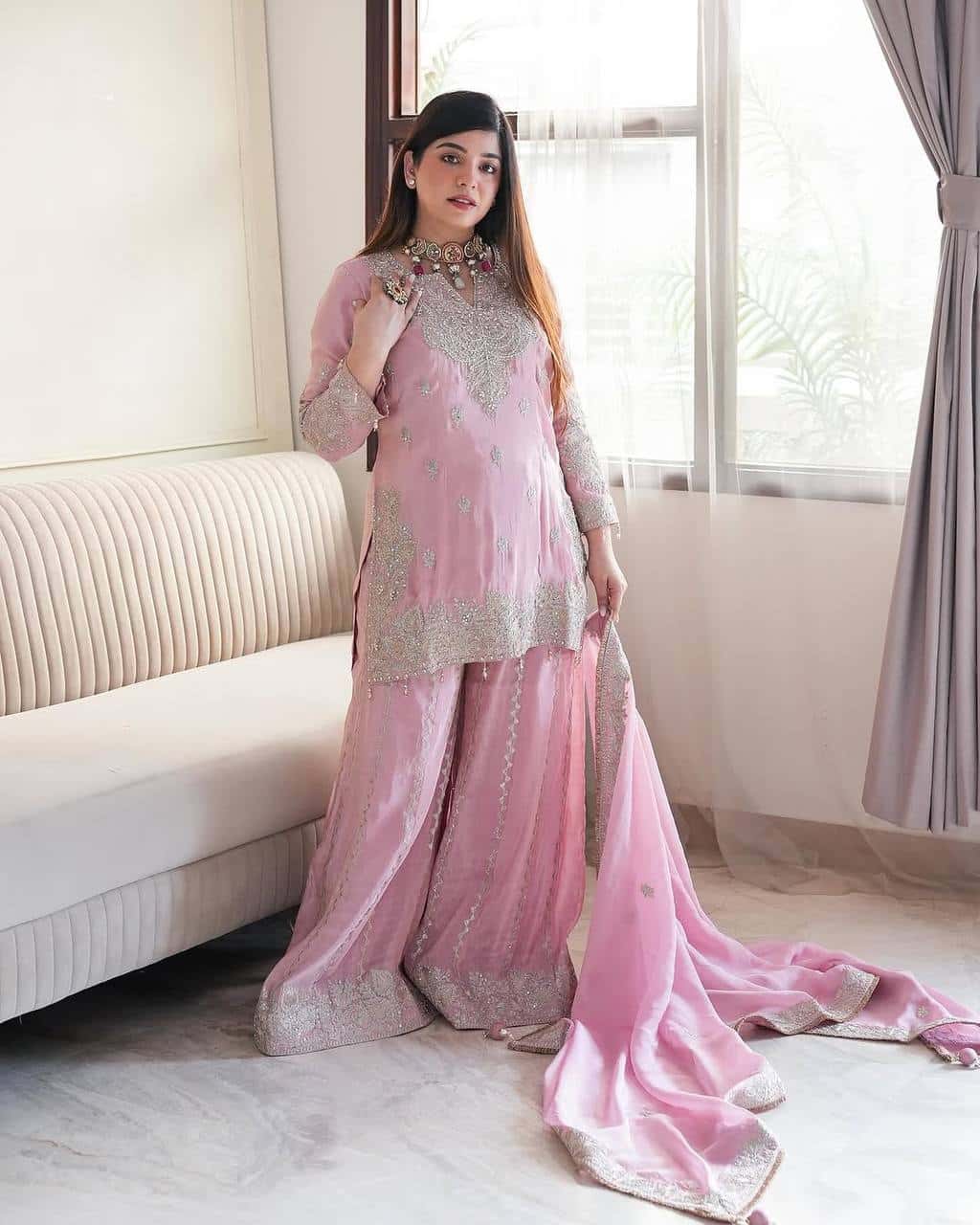 New Heavy Embroidery Sequence Work Top-Gharara And Dupatta Set Fully Stitched Ready To Wear Collection