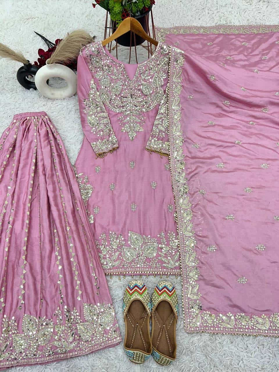 New Heavy Embroidery Sequence Work Top-Gharara And Dupatta Set Fully Stitched Ready To Wear Collection