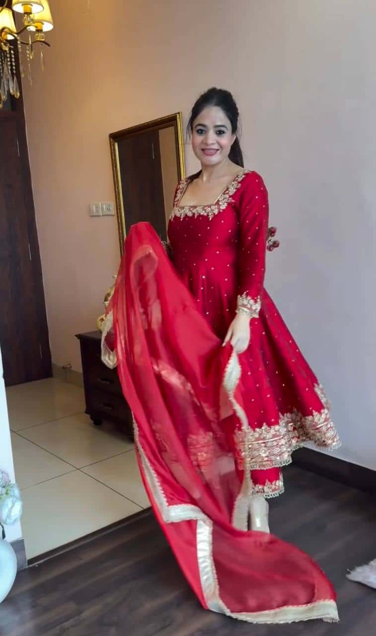 "Luxury Anarkali Gown Set with Vichitra Silk, Embroidered Sequence, Plazzo, and Designer Dupatta"