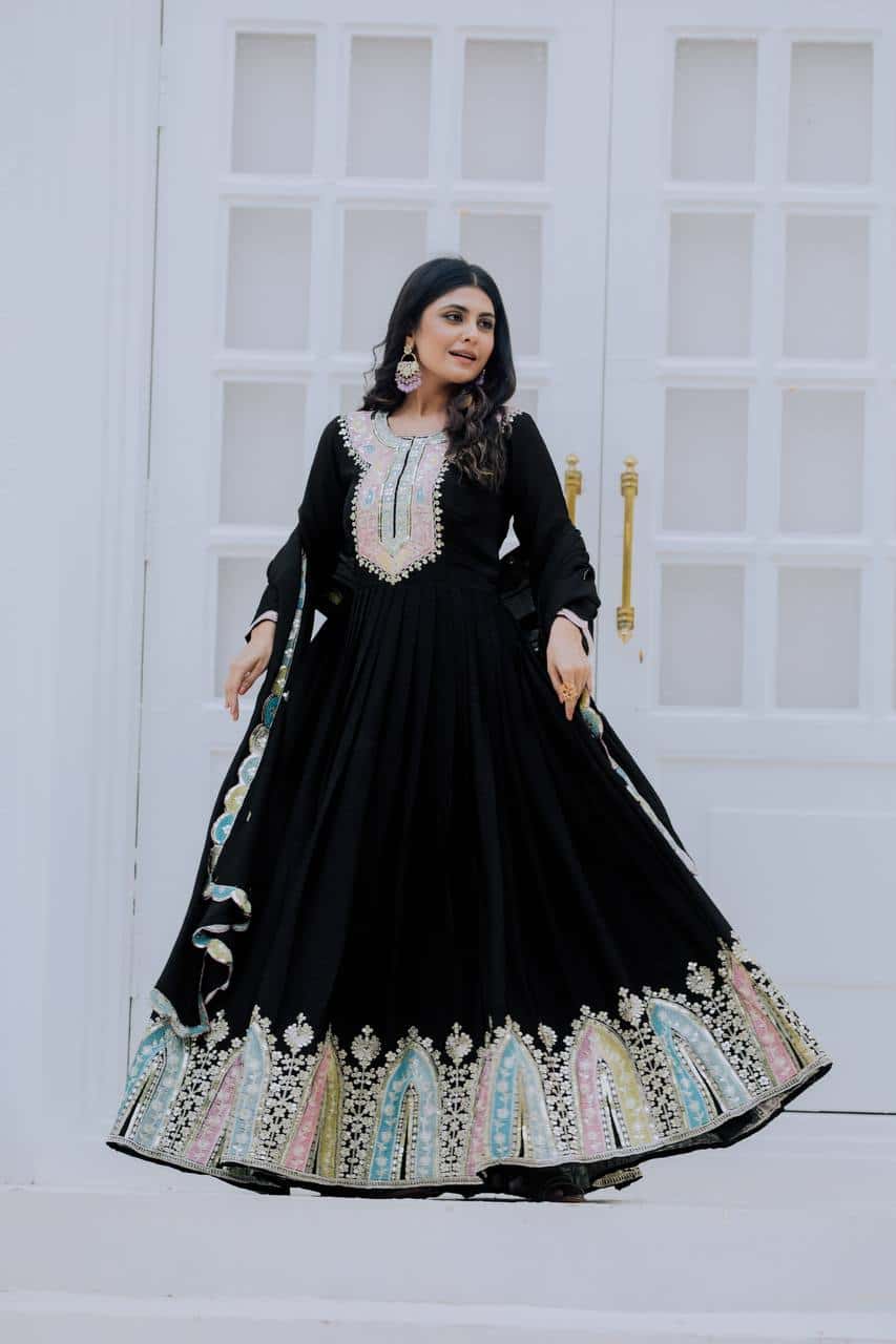 "Elegance in Every Thread: Heavy Chinon Silk Top with Multicolor Embroidery & Sequence Work"