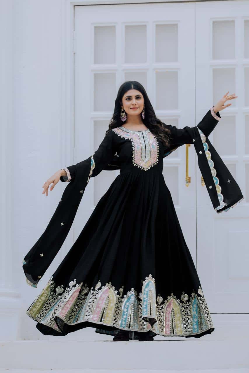 "Elegance in Every Thread: Heavy Chinon Silk Top with Multicolor Embroidery & Sequence Work"