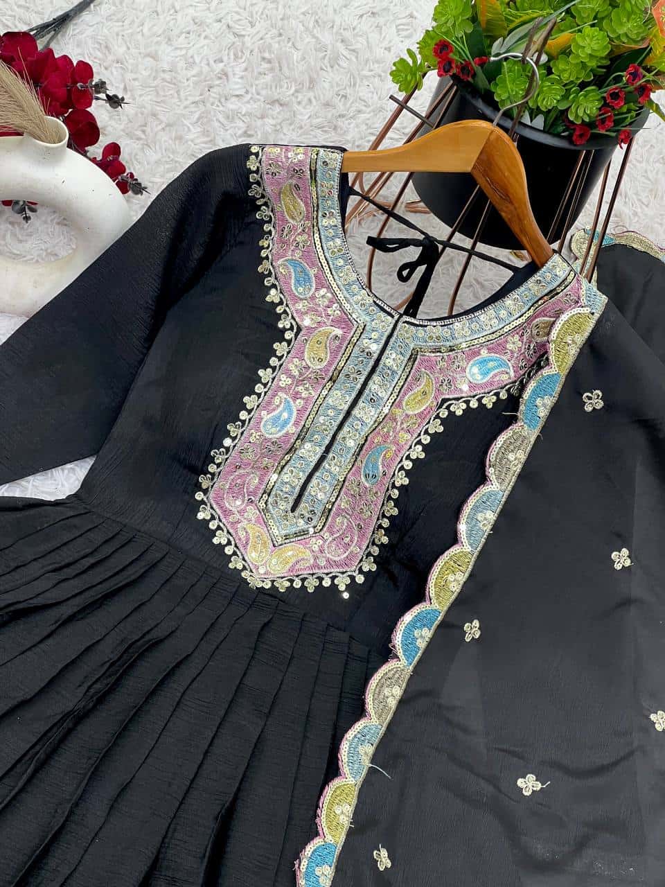 "Elegance in Every Thread: Heavy Chinon Silk Top with Multicolor Embroidery & Sequence Work"
