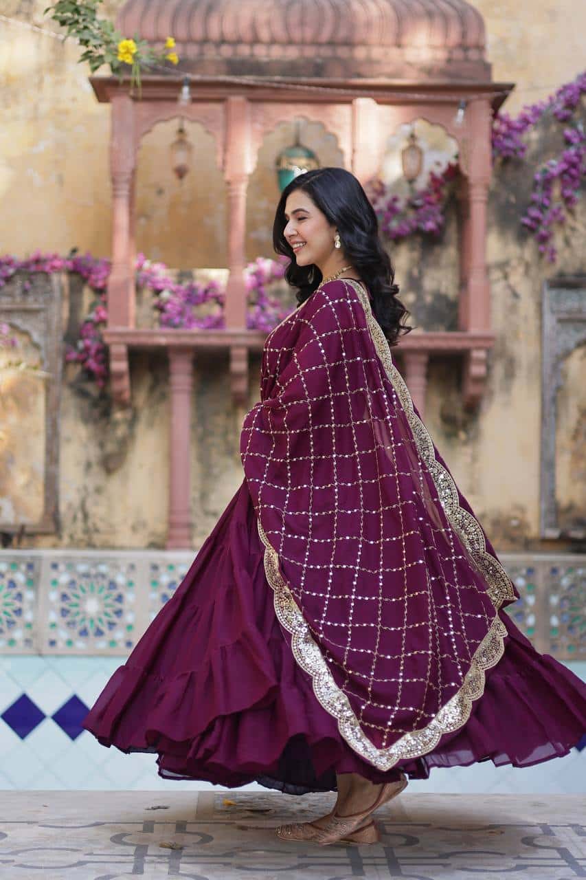 "Luxurious Star Georgette Gown with Full Sleeves and Sequins Dupatta"
