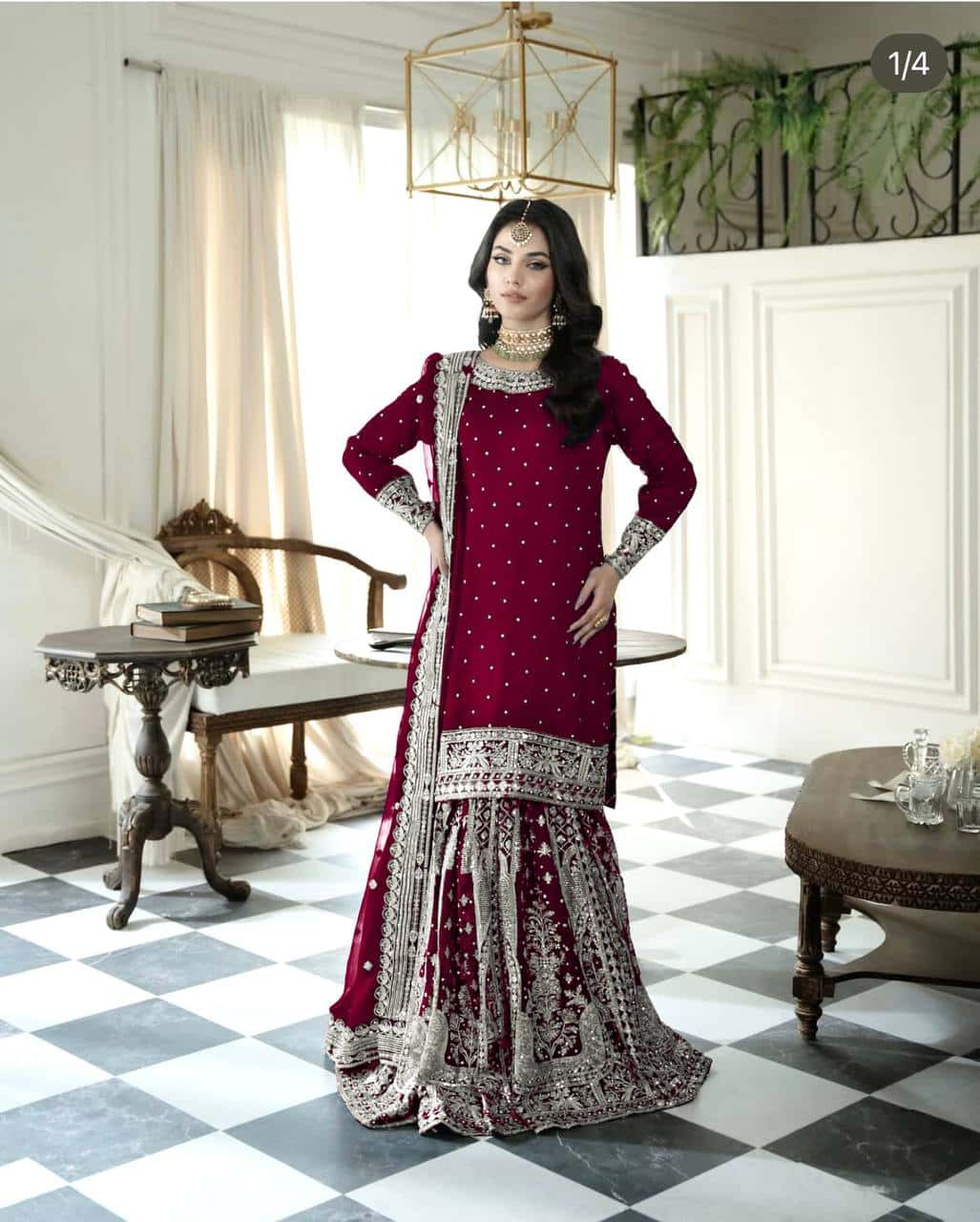 Heavy Faux Georgette Embroidered Top and Gharara with Dupatta Set