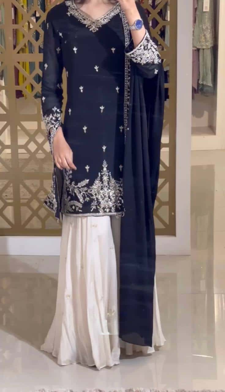 "Elegant Heavy Pur Chinon Silk Embroidered Suit Set with Sequence Work, Moti Latkan Border, and Matching Plazzo & Dupatta"