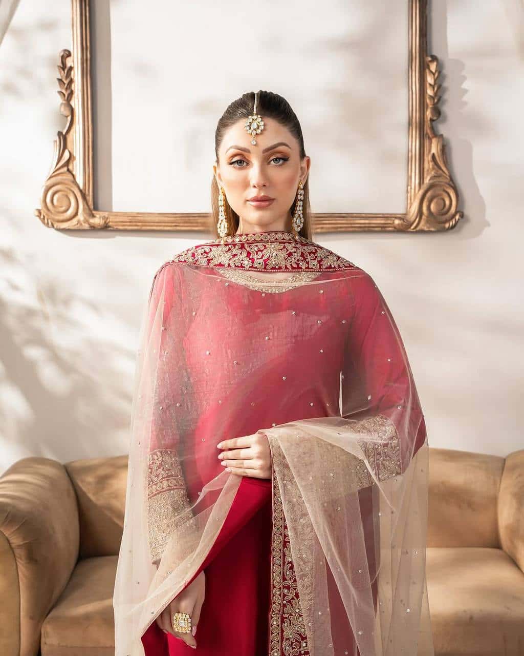 "Heavy Embroidered Malay Satin Silk Top with Faux Georgette Pants & Butterfly Net Dupatta"