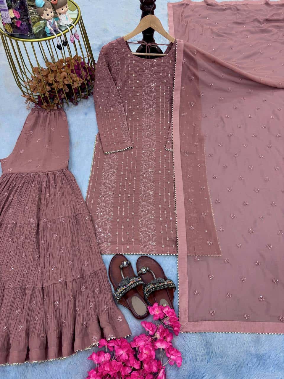 "Luxurious Heavy Faux Georgette Sequence Embroidered Top, Plazzo & Dupatta Set"