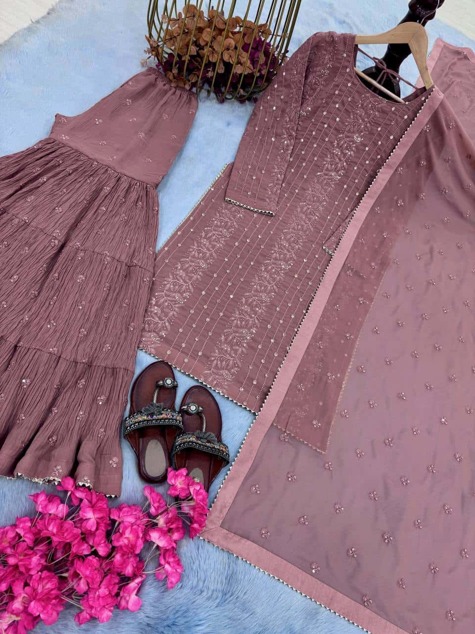 "Luxurious Heavy Faux Georgette Sequence Embroidered Top, Plazzo & Dupatta Set"