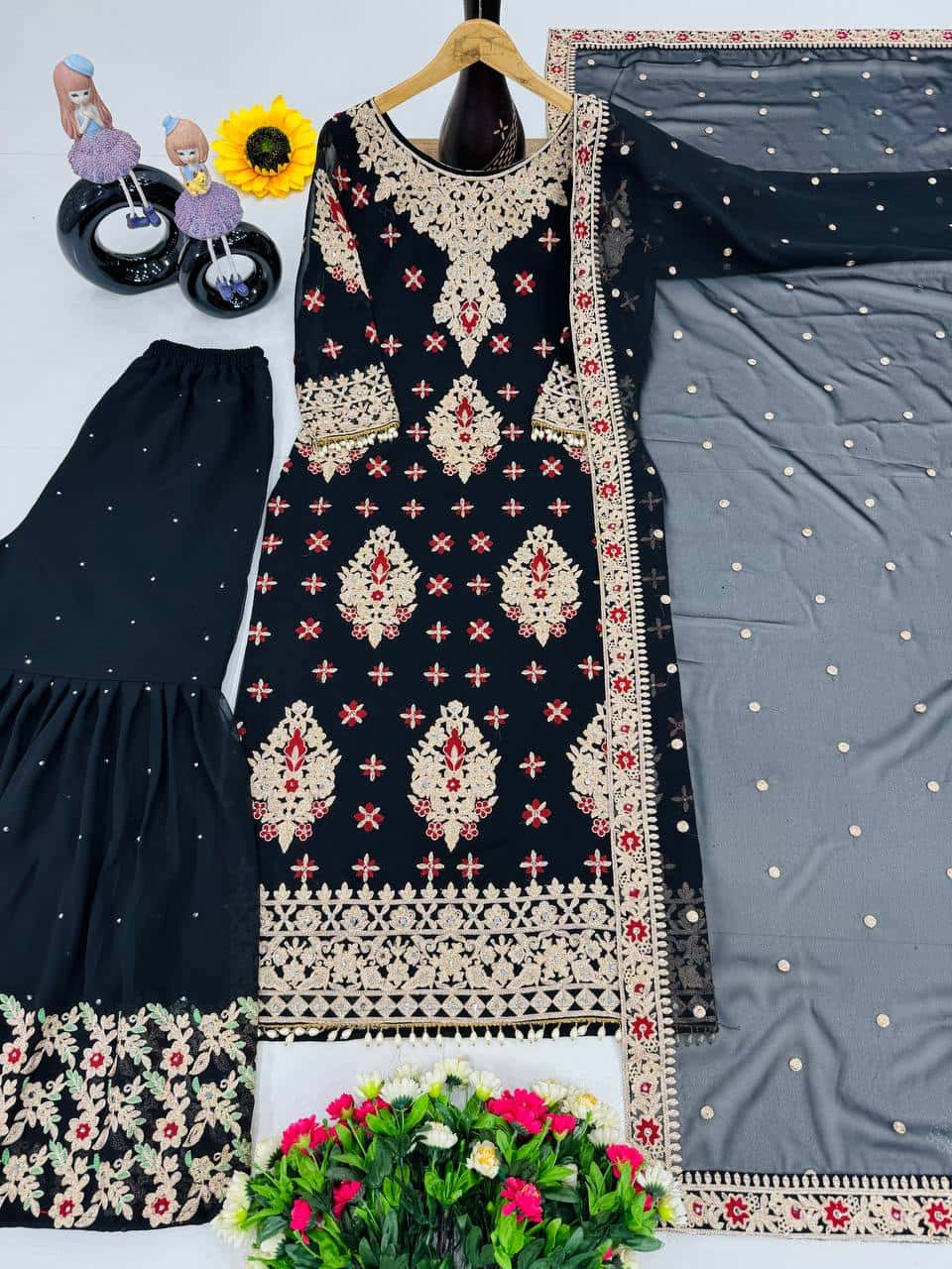 "Heavy Faux Georgette Embroidered Sharara & Dupatta Set"